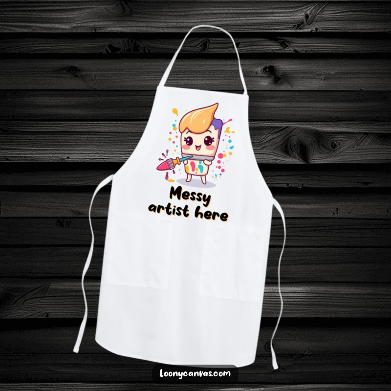 Kawaii paintbrush character engaged in energetic paint splattering, embroidered on a functional apron.