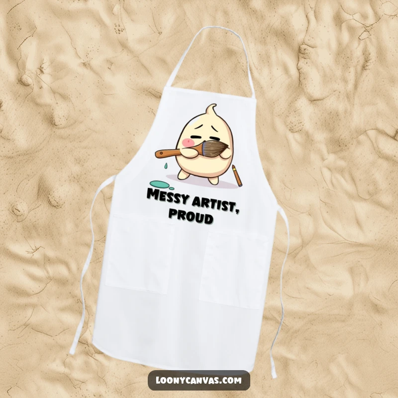 Funny apron showing a bewildered blob character comically wrestling a giant paintbrush, perfect for humorous kitchen or art studio protection.