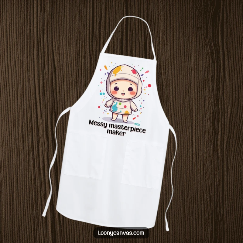 Funny kawaii canvas character splattered with paint on a functional apron, celebrating the joy of messy art.