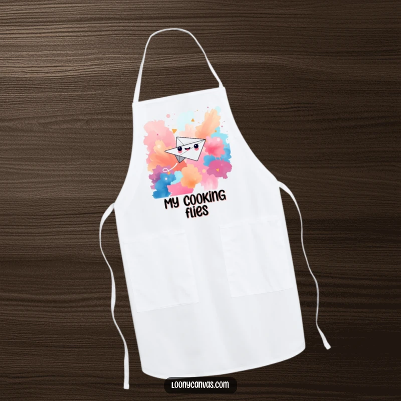 Funny apron featuring a happy paper airplane character soaring through a vibrant, abstract background, perfect for kitchen flight.