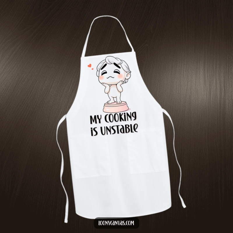 Funny apron featuring a confused sculpture wobbling on its base, a humorous and practical accessory for messy creators.
