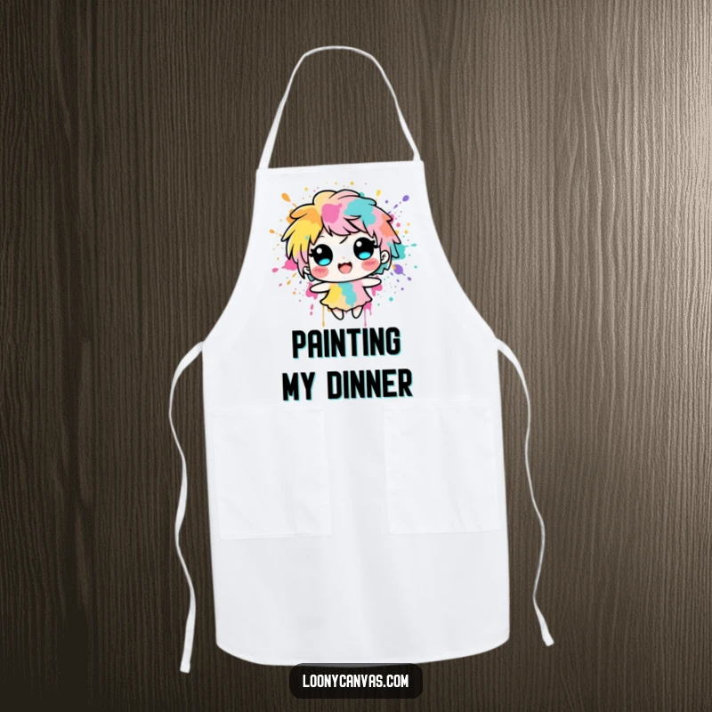 Funny delighted ink blot character splashing with vibrant colors on an apron, bringing artistic fun to crafting.