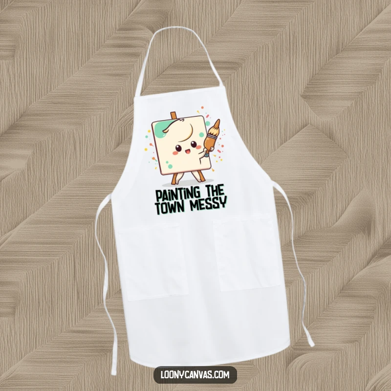 Funny Kawaii paintbrush character, aggressively painting a splattered canvas, a humorous and practical kitchen apron.