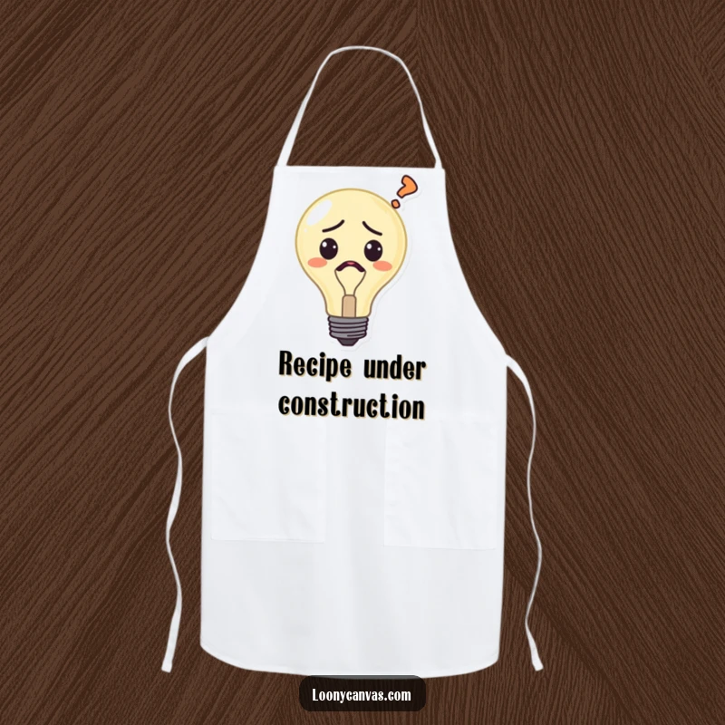 Funny confused lightbulb apron, a character with a question mark, ideal for chefs and home cooks who appreciate humorous kitchen wear.