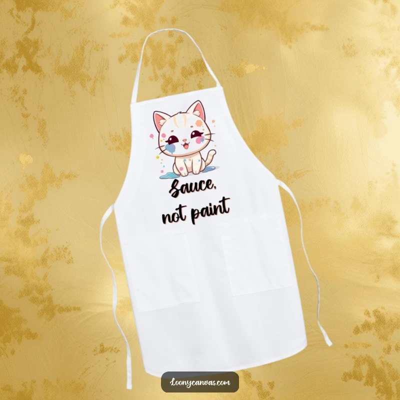 Funny kawaii cat apron, a paint-splattered cat gleefully splattering paint, protecting clothes during creative activities.