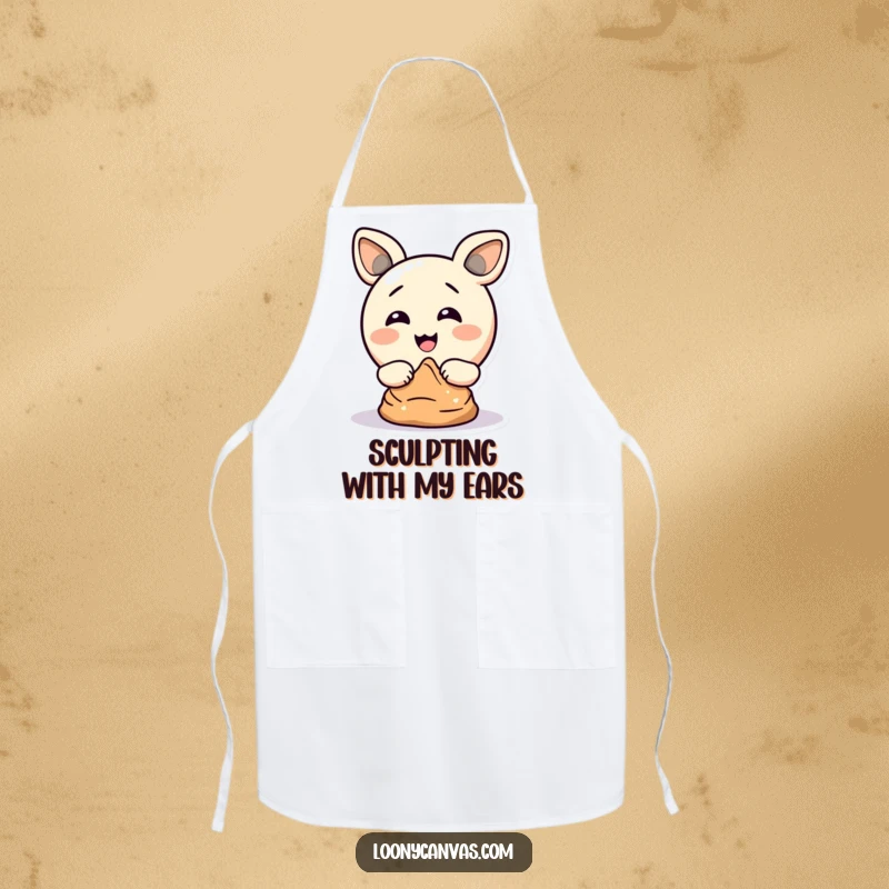 Funny apron depicting a delighted circle character comically sculpting clay with its ears, perfect for a playful chef.