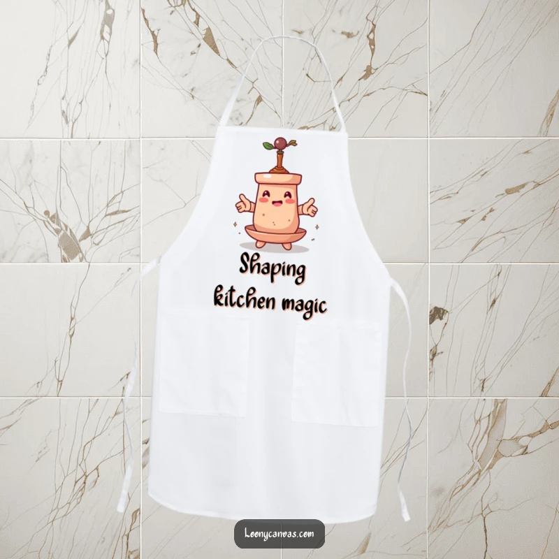 Funny apron featuring a spinning clay pot character transforming itself, ideal for potters and artists who enjoy humorous, creative kitchen wear.