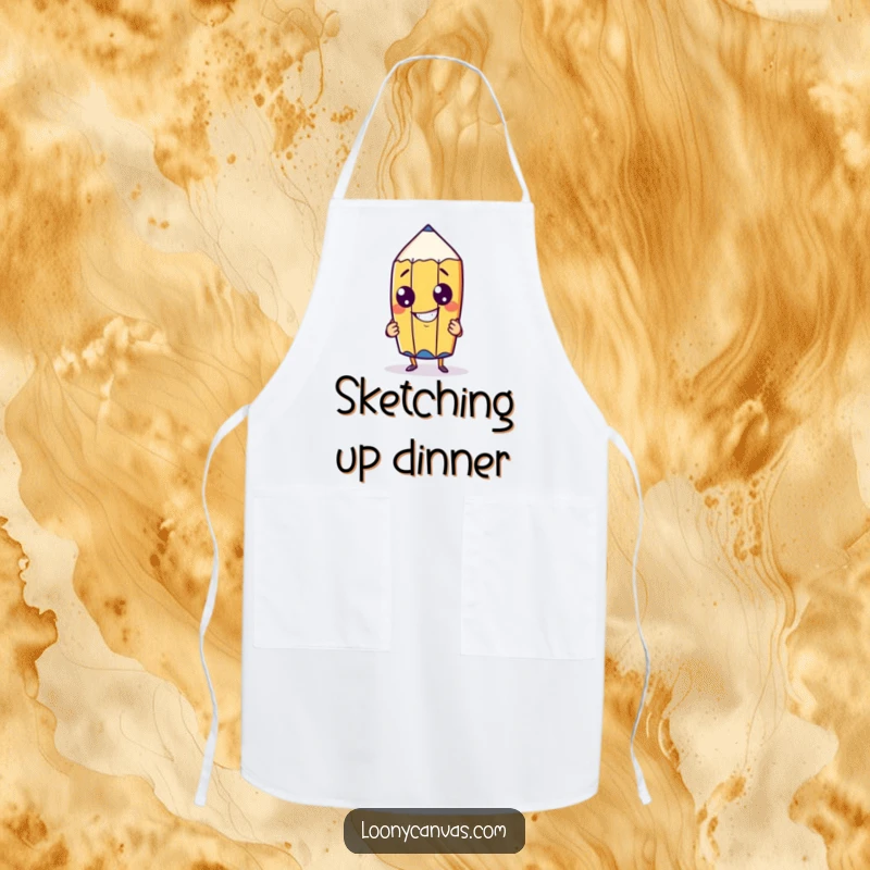Funny cheeky pencil character with a goofy grin drawing itself on a kitchen apron, ideal for creative cooking and artistic endeavors.