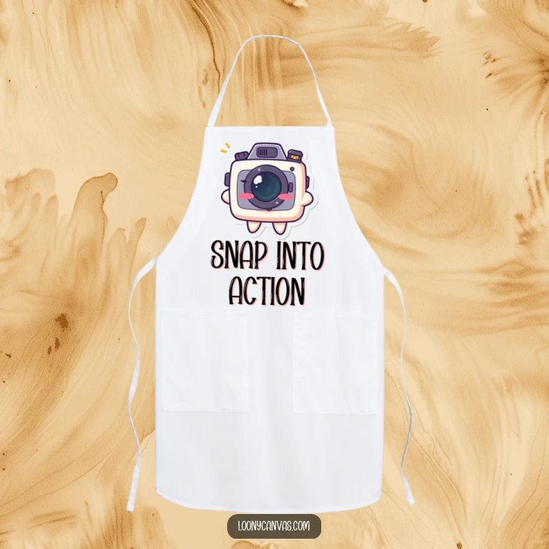 Funny kawaii camera character with a mischievous grin, on a functional apron, bringing humor to kitchen activities.
