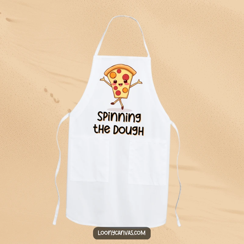 Funny kawaii pizza slice apron, a smiling pizza slice enthusiastically performing a ballet pirouette, ready for kitchen fun.