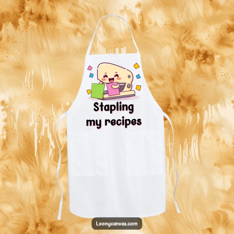 Cheerful stapler character attaching colorful paper squares, embroidered on a functional apron.