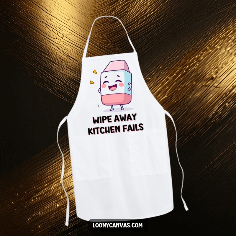 Funny apron showing a happy eraser character joyfully removing a very large, abstract drawing while cooking.