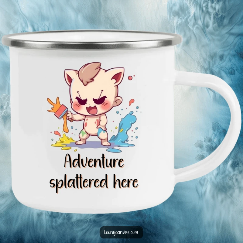 Funny camping mug with a mischievous character playfully splattering paint, celebrating art and outdoor adventures.