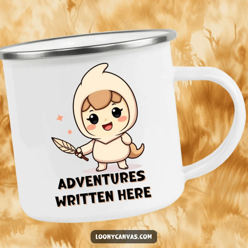 Funny enamel camping mug with a cheerful character enthusiastically writing with a quill pen, ideal for outdoor writing.
