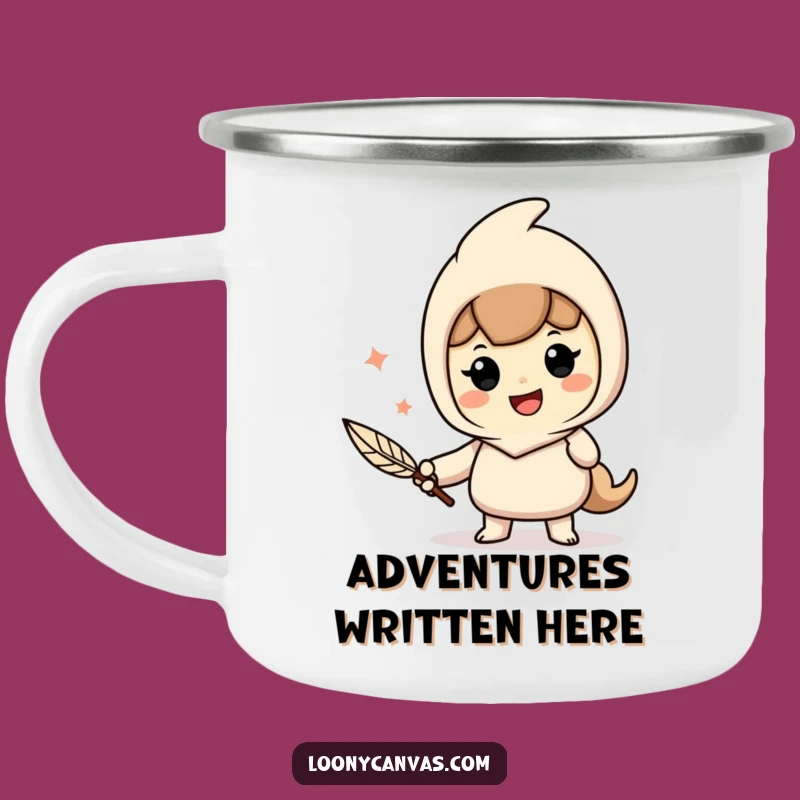 Funny Writer's Camping Mug: Cheerful Quill Pen Writer, Outdoor Funny Gift