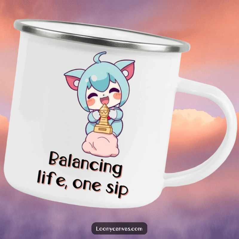 Funny enamel camping mug with a design of a delighted character precariously balancing a tiny sculpture, great for outdoor humor.