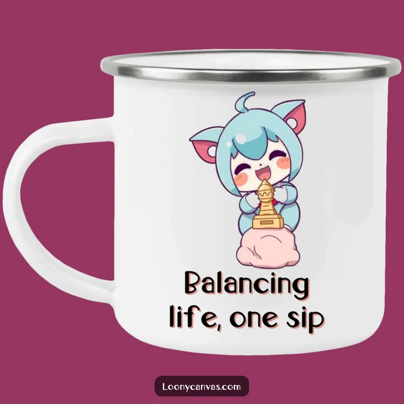 Funny Enamel Camping Mug: Delighted Character Sculpture Balance, Outdoor Funny Gift