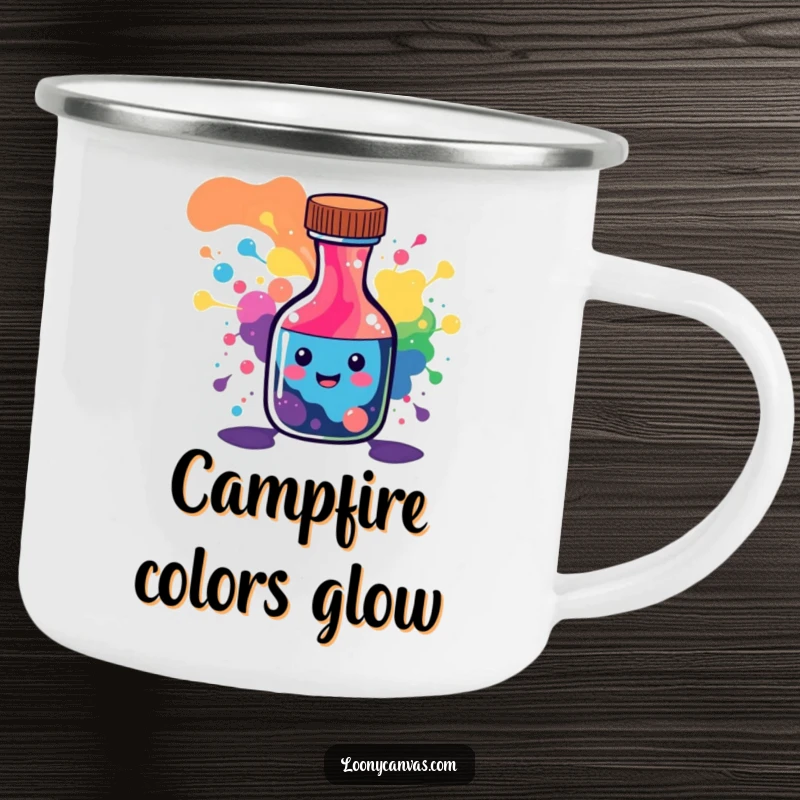 Funny enamel camping mug with a happy ink bottle character spilling a colorful abstract rainbow pattern.