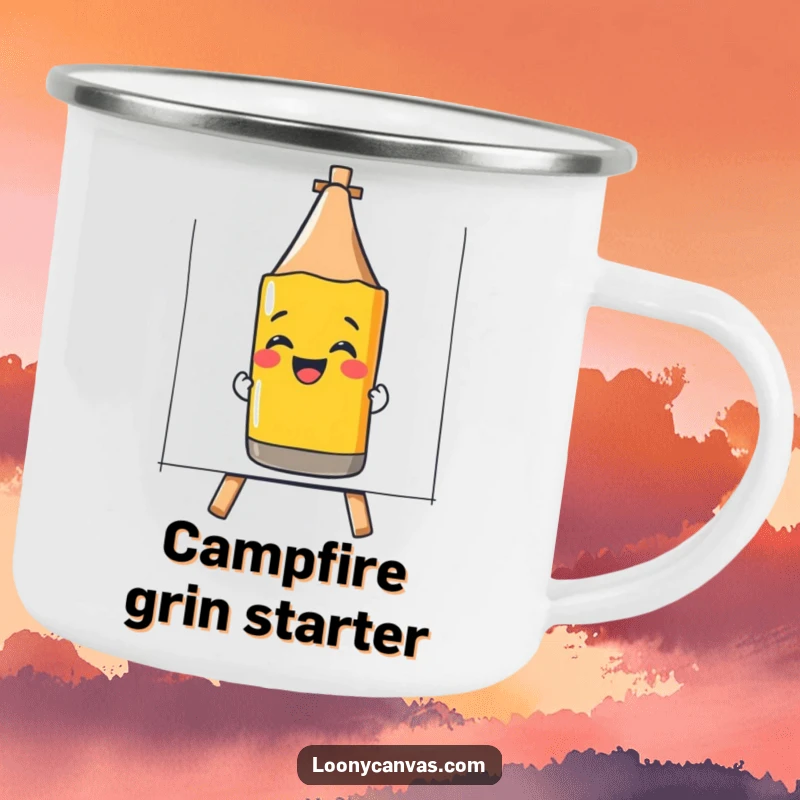 Funny camping mug with a giggling crayon drawing a smiley face, for artists enjoying outdoor cheer.