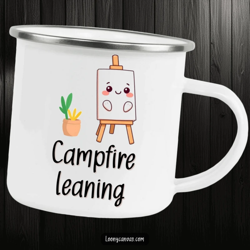 Funny kawaii easel camping mug, leaning precariously with a smile, humorous and durable outdoor gear, a top funny gift.