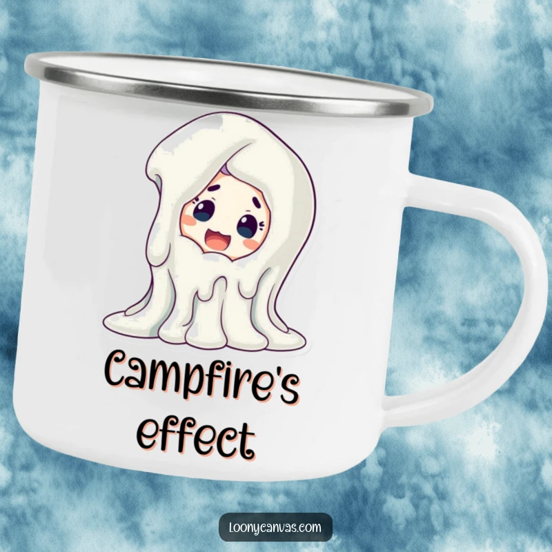 Funny melting sculpture camping mug, a surprised character at a dripping artwork. Durable and artistic for outdoors.