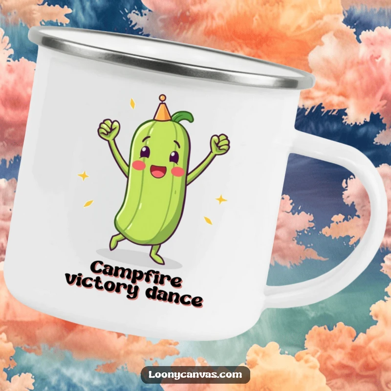 Funny camping mug with a triumphant pickle character doing a victory dance, ready to celebrate any adventure.