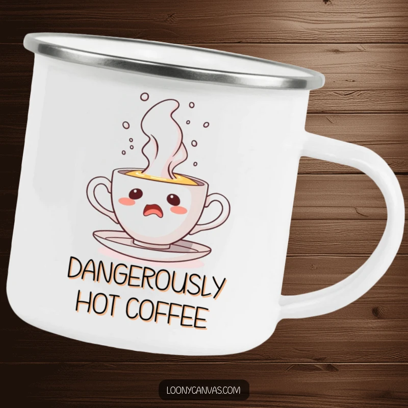 Funny camping mug with a startled teacup character erupting steam like a geyser, ready for any outdoor surprise.