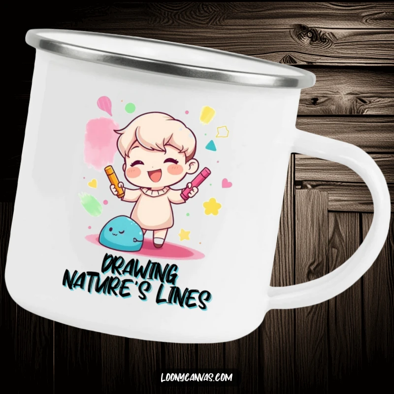 Funny enamel camping mug with a gleeful character creating abstract shapes with colorful chalk, ideal for outdoor artistic fun.