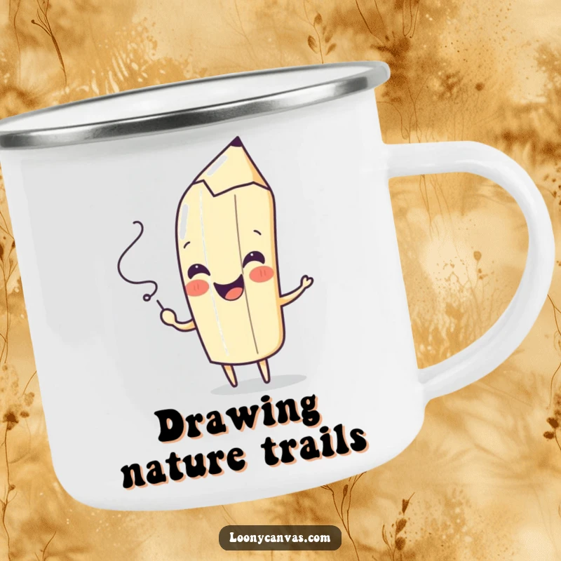 Funny camping mug featuring a playful pencil character drawing a spontaneous squiggle with a cheerful flourish, perfect for outdoor artists.
