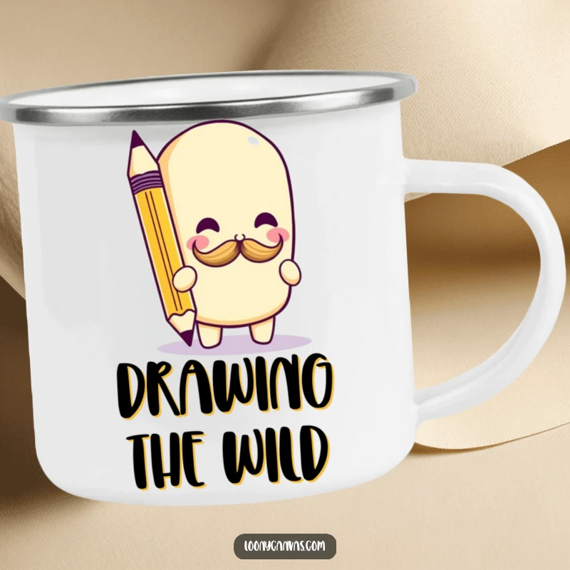 Funny kawaii pencil character doodling a tiny mustache on a durable camping mug, designed for outdoor fun.