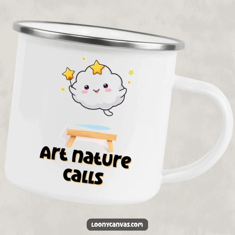 Funny kawaii starry cloud character joyfully leaping over a tiny canvas, ideal for outdoor adventures. A rugged and funny camping mug.