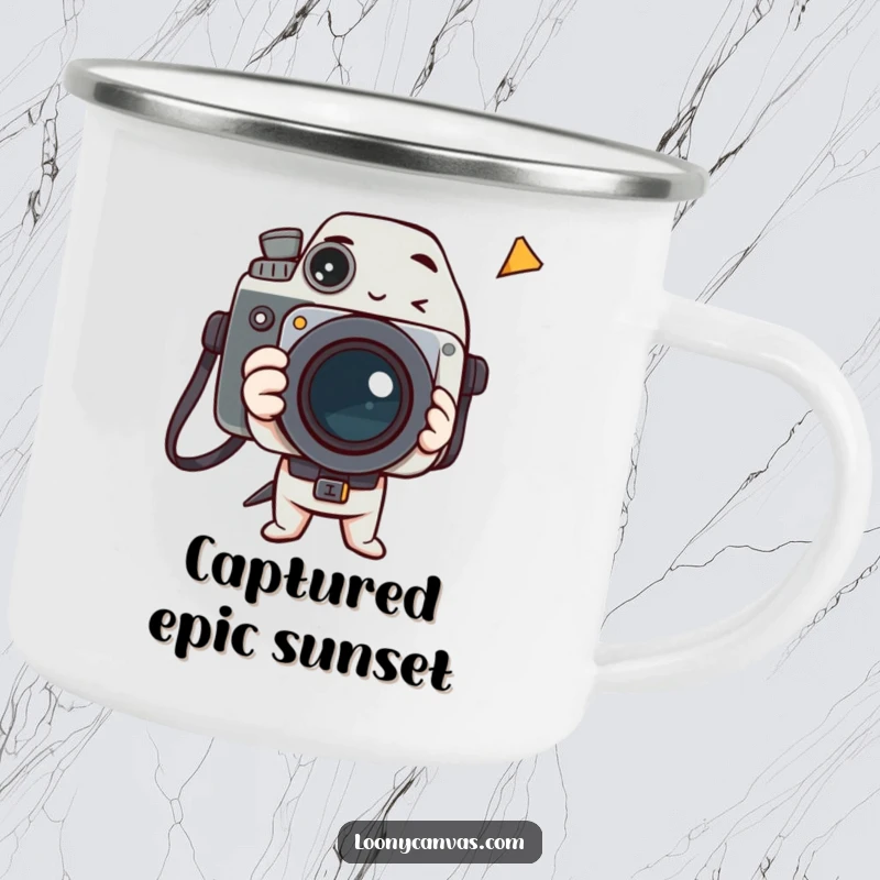 Funny enamel camping mug with a delighted camera character capturing a bizarre and humorous outdoor scene.
