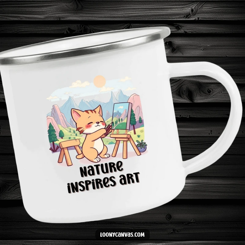 Funny camping mug showing a frantic cat artist painting a surreal landscape, perfect for outdoor creative sessions.