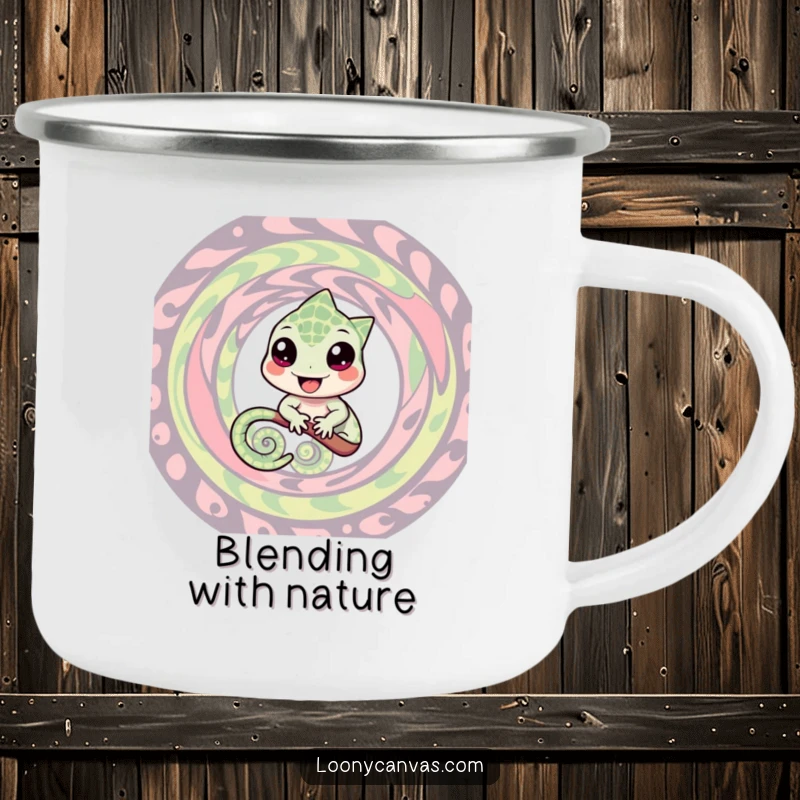 Funny camping mug featuring a cheerful chameleon blending into a swirling pattern, perfect for enjoying drinks during outdoor trips with a humorous twist.