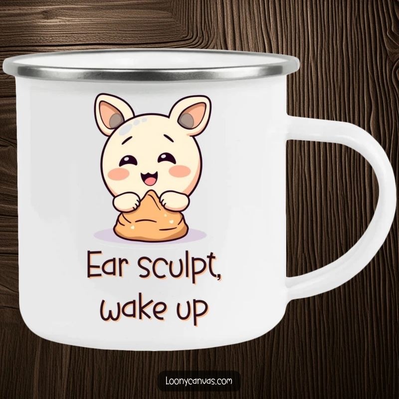 Funny camping mug graphic of a delighted circle character comically sculpting clay with its ears, perfect for campfire stories.