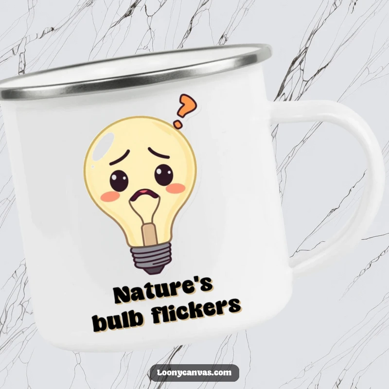 Funny confused lightbulb camping mug, a character with a question mark, great for outdoor enthusiasts who enjoy a humorous, thoughtful drink.