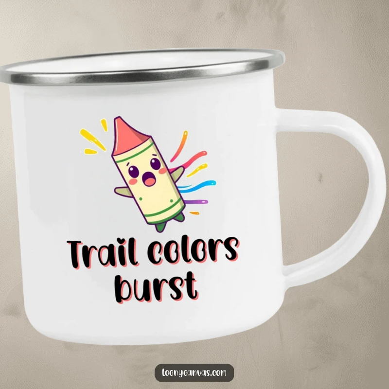 Funny surprised crayon character spinning uncontrollably, leaving a colorful streak on a durable camping mug, perfect for colorful outdoor enjoyment.