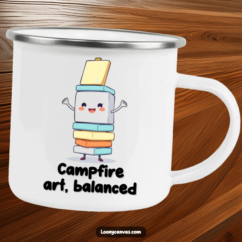 Funny camping mug featuring a cheerful cube character enthusiastically balancing a stack of wobbling canvases, perfect for humorous outdoor creative sessions.