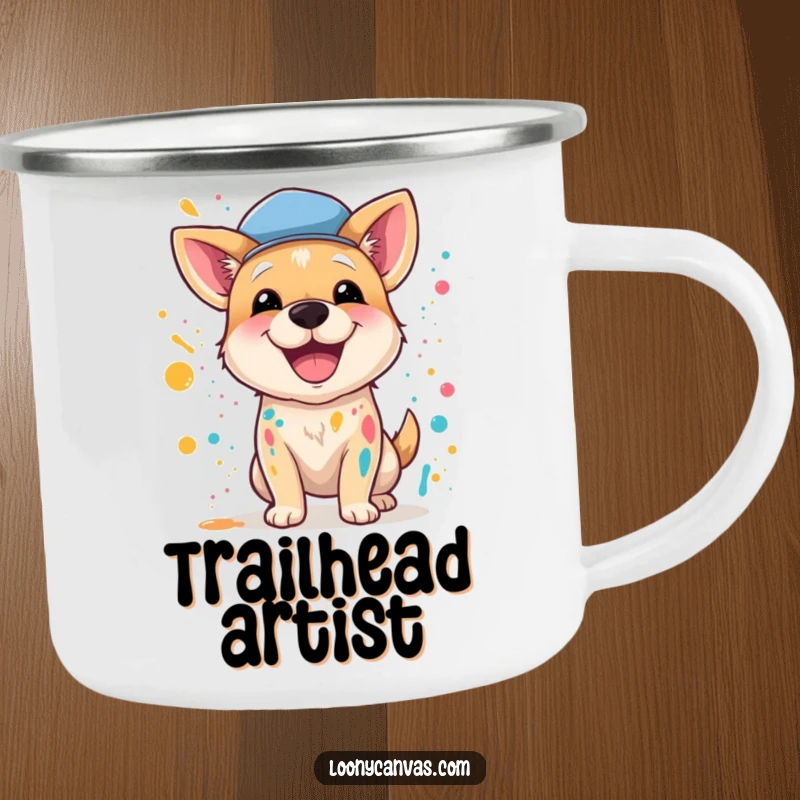 Funny camping mug with a happy dog artist in a beret, energetically splattering paint, perfect for outdoor adventures.