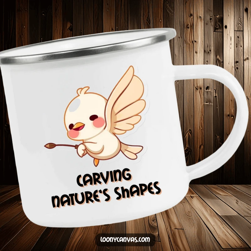 Funny camping mug showcasing a flying chisel character carving abstract shapes, perfect for enjoying drinks during outdoor adventures with an artistic twist.