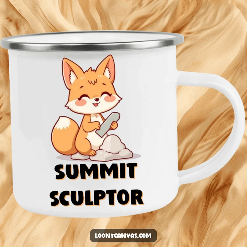 Funny camping mug with a cheerful fox using a chisel to sculpt a cloud, perfect for outdoor artistic inspiration.