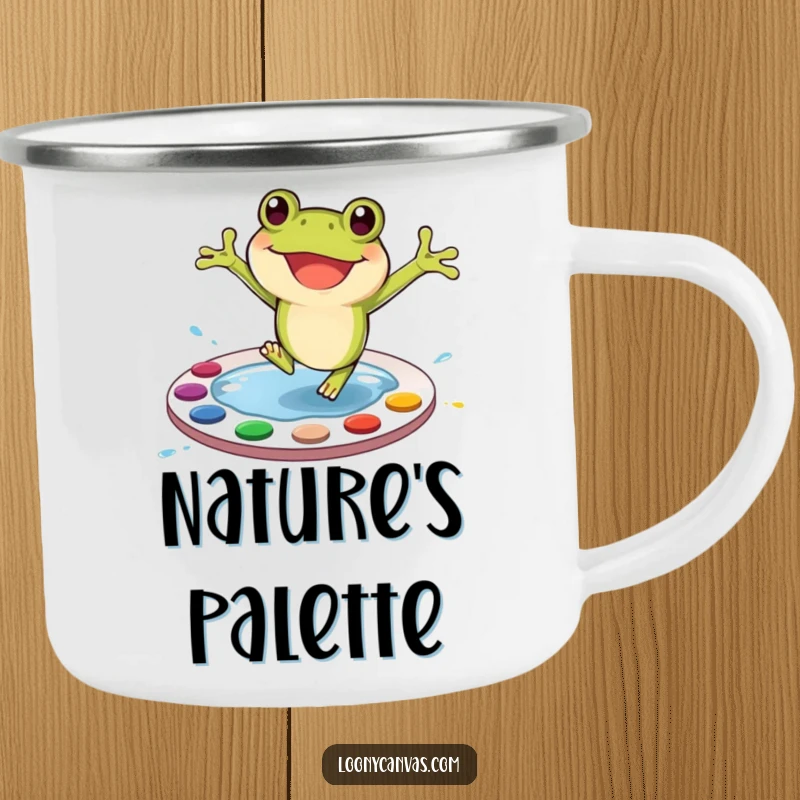 Funny Frog Camping Mug: A joyful frog character leaping into a paint palette, perfect for outdoor artistic moments.