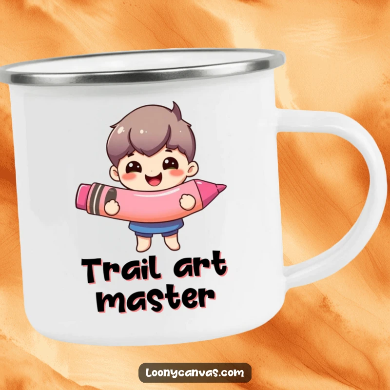 Funny giant crayon camping mug, a happy character holding an oversized crayon. Durable and artistic for outdoors.