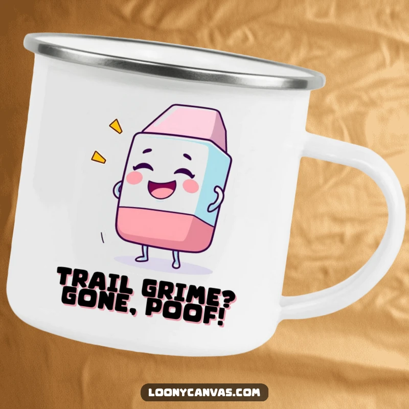 Funny enamel camping mug featuring a giggling eraser character humorously erasing a large, messy drawing outdoors.