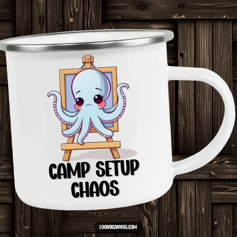 Funny goofy octopus character trying to hang a painting with all arms on a camping mug, for outdoor DIY.