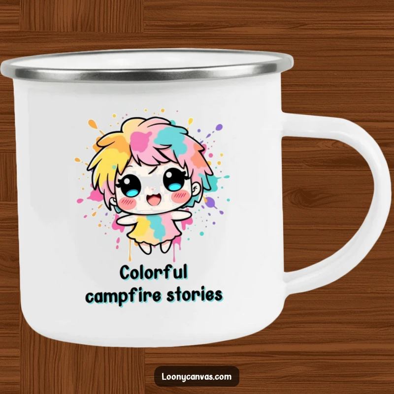 Funny delighted ink blot character splashing with vibrant colors on a camping mug, bringing artistic outdoor fun.