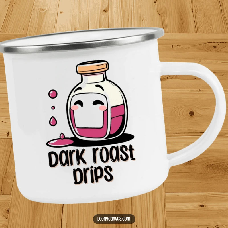 Funny giggling ink bottle character spilling tiny drops of ink with a mischievous wink on a durable camping mug, perfect for outdoor creative inspiration.