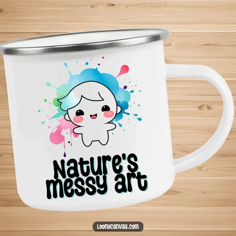 Funny camping mug depicting a happy character formed from an ink splatter, perfect for artists and outdoor adventurers.