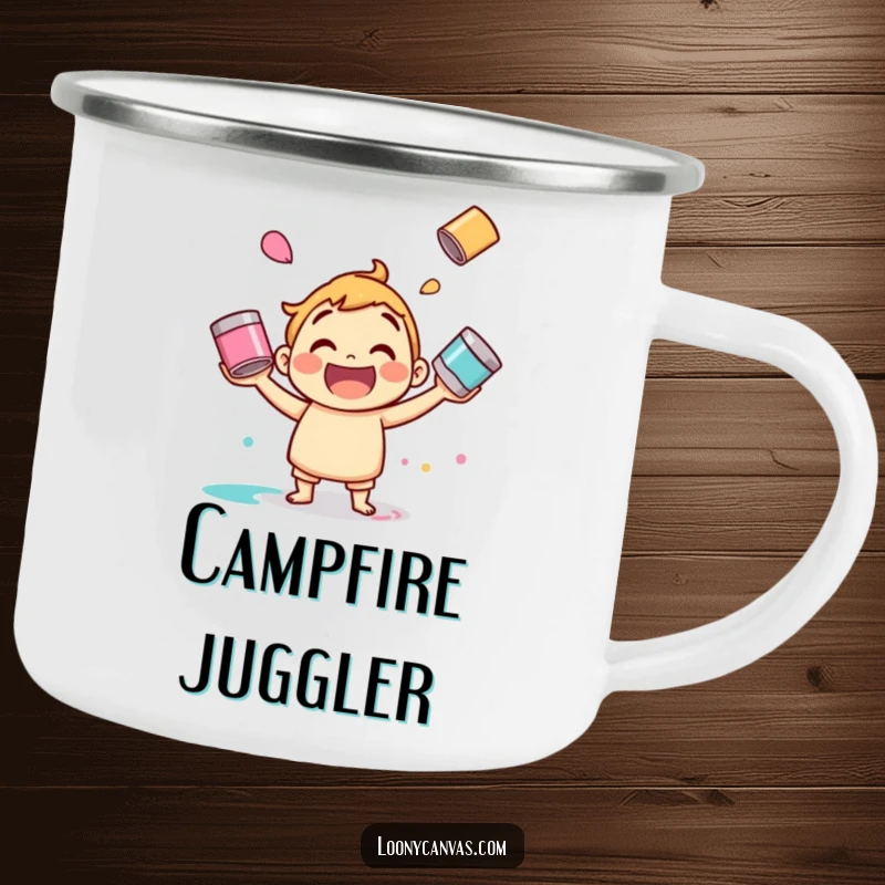 Funny juggling paint camping mug, a jolly character juggling paint cans. Durable and artistic for outdoors.