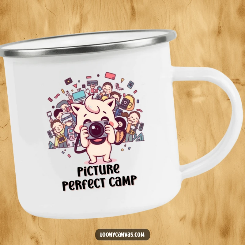 Funny happy Kawaii camera character takes a chaotic photo on a camping mug, bringing creative outdoor fun.